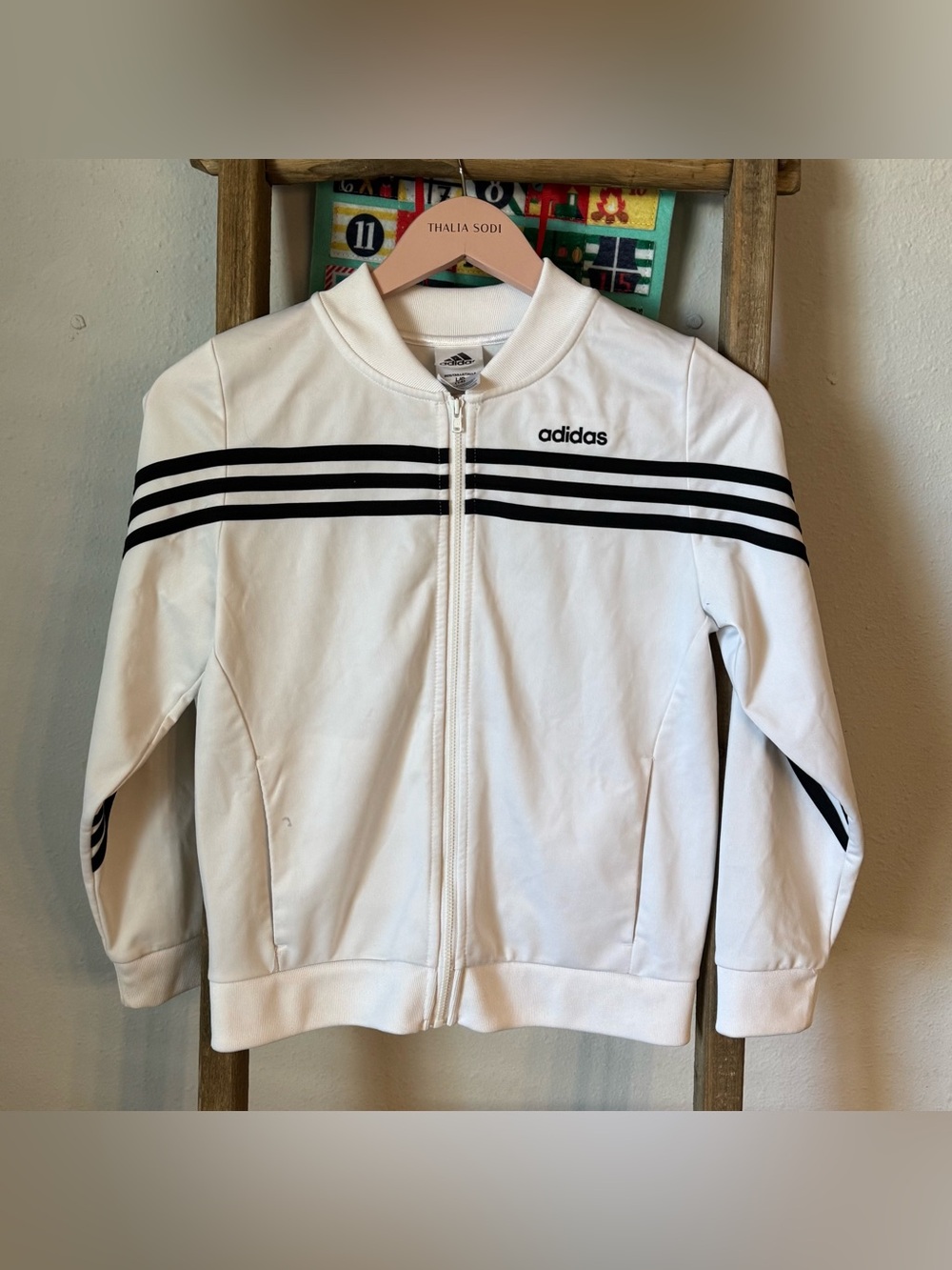 adidas White Kids Zip-Up Jacket with Black Stripes